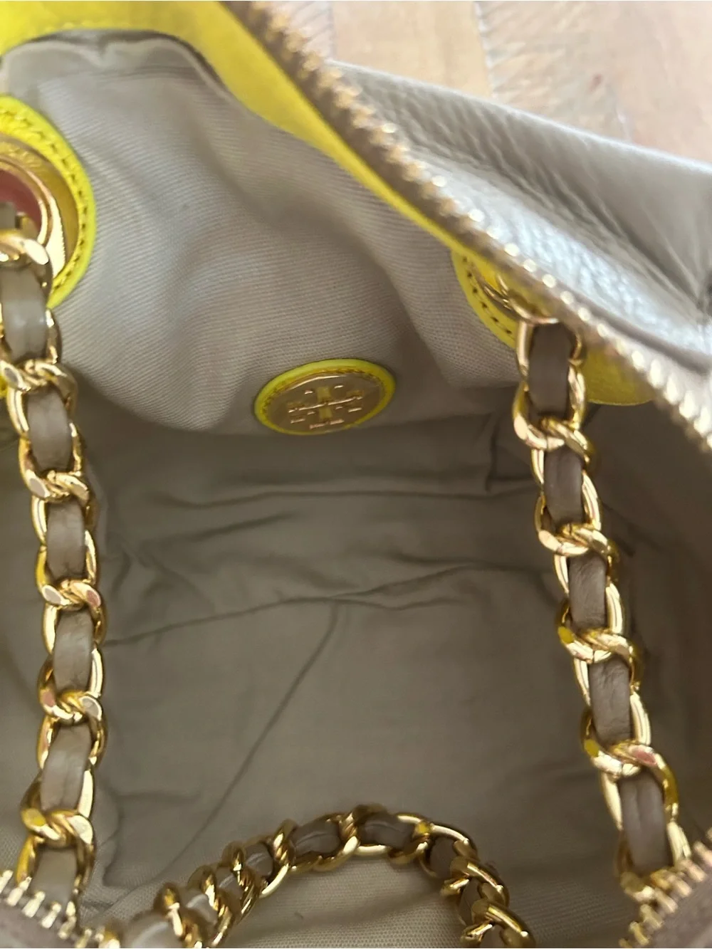 Tory Burch Two-Tone Leather Shoulder Bag in Taupe & Yellow